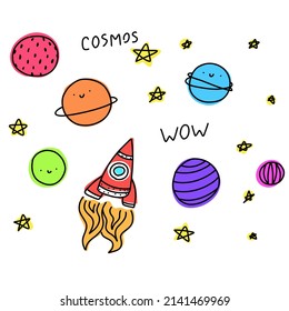 Planets collection with text cosmos. Cute doodle isolated space, stars for postcard, poster, background. Hand drawn vector illustration.