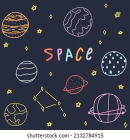 Colección de planetas con espacio de texto. Estrellas de cosmos de doodle lindo para postal, afiche, fondo. Ilustración vectorial dibujada a mano.