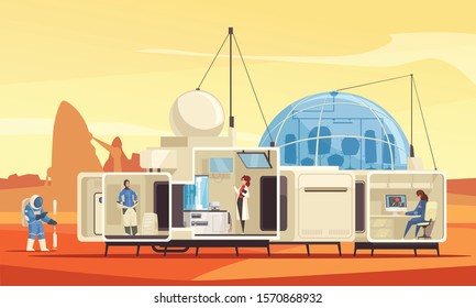 Planets colonization mission flat composition with human habitat station expedition research scientists on mars surface vector illustration 