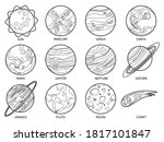 Planets for color book. Solar system earth, sun and neptune, jupiter and pluto, venus and mars, saturn and moon, uranus and comet vector set. Outer space outline for children games