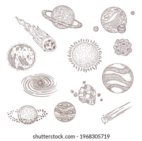 Planets, comets and meteors engraved illustrations set. Hand drawn sketch of universe or cosmos elements, solar system. Space, celestial bodies, astronomy, astrology concept