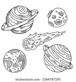 Planets and comets of solar system set. Cosmic body is hand-drawn sketch in doodle style. Black and white vector illustration collection.