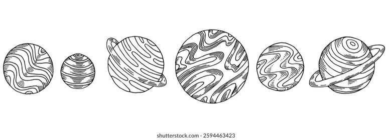 Planets and comets of the solar system set. Cosmic body is hand-drawn sketch in doodle style. Black and white vector illustration collection.