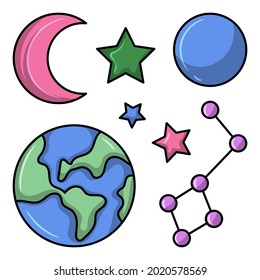 Planets and constellations Colored vector illustration with simple hand drawn sketching style