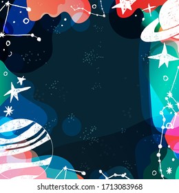 Planets constellations stars vector hand drawn background. Universe astronomy wallpaper copyspace. Book covers, posters, flyers, magazines, templates with hand drawn cosmic elements
