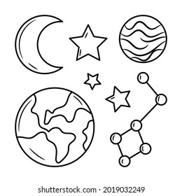Planets and constellations vector illustration with simple hand drawn sketching style
