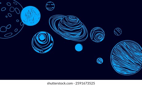 Planets cosmic space design. Stars universe astronomy science. Education print kids wallpaper. Blue lines dark background vector illustration.