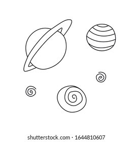 Planets, dark holes, stars, satellites, space objects. Design element, icon on the theme of cosmos, UFO. Doodle vector illustration