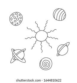Planets, dark holes, stars, satellites, space objects. Design element, icon on the theme of cosmos, UFO. Doodle vector illustration