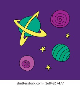 Planets, dark holes, stars, satellites, space objects. Design element, icon on the theme of cosmos, UFO. Doodle color vector illustration