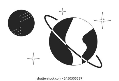 Planetas en el espacio profundo en blanco y negro 2D línea de dibujos animados conjunto de objetos. Cuerpos celestes que estudian la colección de elementos de contorno de Vector aislado. Cosmos investigando ilustraciones de manchas planas monocromáticas