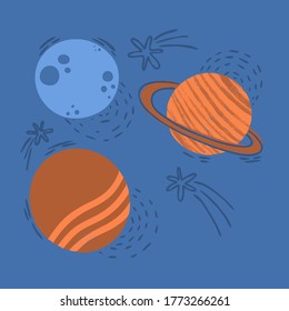 Planets of different sizes and colors in space with comets drawn in childrens style. Unrealistic illustration of the cosmos with the planets. Vector illustration in the Doodle style.