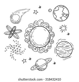  planets Doodle, hand drawn vector illustration.