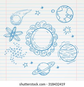  planets Doodle, hand drawn vector illustration.