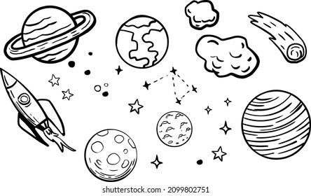 Planets in doodle style. Include stars, constellations. Separate vectors