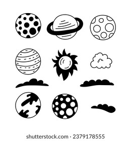 Dibujo vectorial del doodle de planetas. Arte de línea negra dibujado a mano objetos cósmicos, nube, meteorito, asteroide, sol