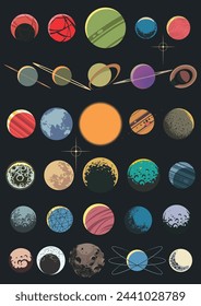 Planets Drawing Collection, Earth, Moon, Jupiter, Saturn, Mercury, Venus, Mars, Uranus, Neptune, Pluto, Asteroid, Meteorite, Moon, Craters, Fantastic Celestial Bodies 