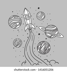 Planets draws of solar system and rocket design