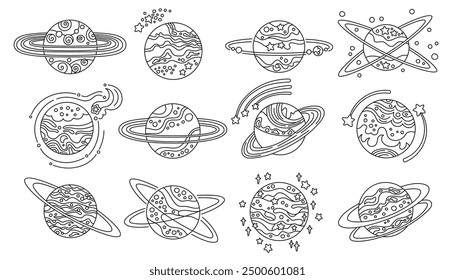 Planets fantasy cartoon doodle set for children. Abstract galaxy planets outline design. Fantastic cosmos, collection celestial space spheres planets art. Vector comic design isolated illustration