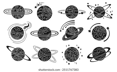Planets fantasy cartoon doodle set for children. Abstract galaxy planets outline design. Fantastic cosmos, collection celestial space spheres planets stamp. Vector design isolated illustration