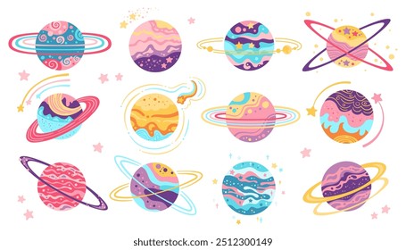 Planets fantasy cartoon set for children. Abstract galaxy planets in flat design. Fantastic cosmos, collection celestial space spheres, colorful planets art. Vector comic design isolated illustration