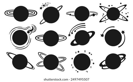 Planets fantasy cartoon silhouette set. Abstract galaxy shape planets. Fantastic cosmos, collection celestial space contour spheres shadow planets art. Vector comic design isolated illustration