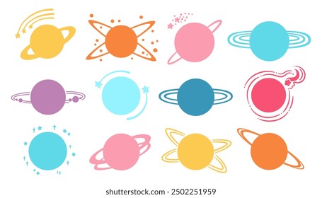 Planets fantasy cartoon silhouette set. Abstract galaxy colorful shape planets. Fantastic cosmos, collection celestial space contour spheres shadow planets art. Vector design isolated illustration