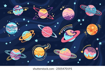 Planets fantasy for children art. Abstract galaxy planets in flat cartoon design set. Fantastic cosmos, celestial space spheres planet for game. Vector design isolated illustration on dark background