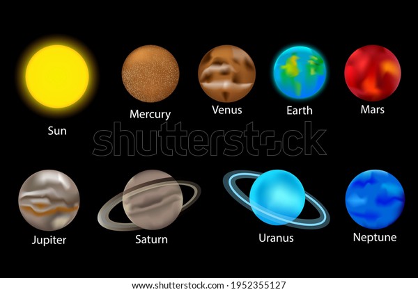 planets in fantasy style. Different planets in\
cartoon style. Parade of planets. Stock image. Vector illustration.\
EPS 10.