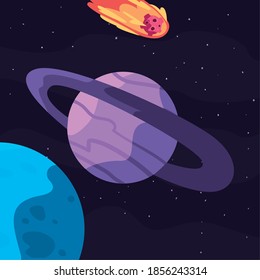 planets with flame meteorite on space universe vector illustration design