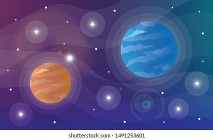 Planets Flat Vector Illustration. Celestial Bodies In Galaxy, Universe Backdrop Design. Spacewalk. Stars In Fantasy Cosmos. Gas Giants, Outerspace Cartoon Graphics On Gradient Background