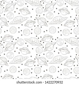 Planets and flying saucer. Space. Seamless vector pattern (background). Cartoon print. 