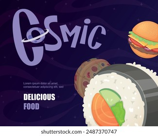 planets food. cosmic background with comic title and sushi circle planets