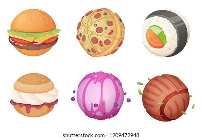 Planets from food. Space set from candy sweets burgher kitchen fantasia fantastic unusual cartoon world with ufo vector pictures. Collection of food planet, burger world and roll sushi illustration