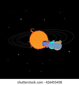 planets in the form of round houses, in orbit around the Sun
