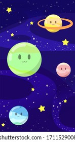 Planetas con caras graciosas. Cielo estrellado. Fondo cósmico.