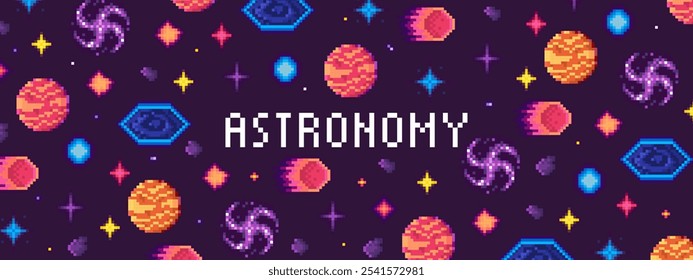 Planets, galaxies, and stars on a dark background with retro 8-bit text. Ideal for educational themes, astronomy, science fiction, space activities, and retro gaming. Bright and colorful with a fun