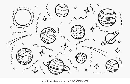 Planets of galaxy hand-drawn doodle set. Cosmic Space, line art universe. Solar system and celestial bodies for the banners, cards design. Stock vector illustration isolated on transparent background.