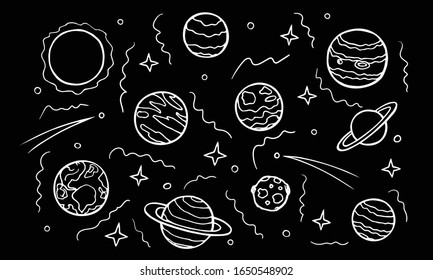 Planets of galaxy hand-drawn doodle set. Cosmic Space, white line art. Solar system and celestial bodies for the banners, cards design. Stock vector illustration isolated on black background.