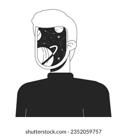 Planets galaxy mind bw concept vector spot illustration. Surreal face man 2D cartoon flat line monochromatic character for web UI design. Space surrealism male editable isolated outline hero image