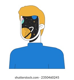 Planets galaxy mind flat line concept vector spot illustration. Surreal face man 2D cartoon outline character on white for web UI design. Space surrealism male editable isolated color hero image