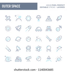 planets, galaxy, solar system and space vehicles - simple outline icon set. Editable strokes and Layered (each icon is on its own layer with proper name) to enhance your design workflow.