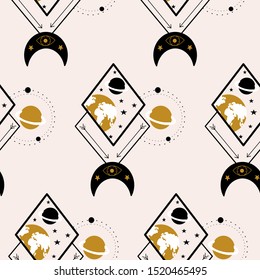 Planets and geometrics in a seamless pattern design, perfect to use on the web or in print