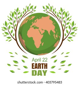 Planets and green leaves. April 22. Happy Earth Day. Earth Day card. Earth Day design. Vector illustration for Earth Day.