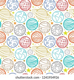 Planets. Hand drawn planets and stars seamless background.
Seamless color pattern with different planets and stars.