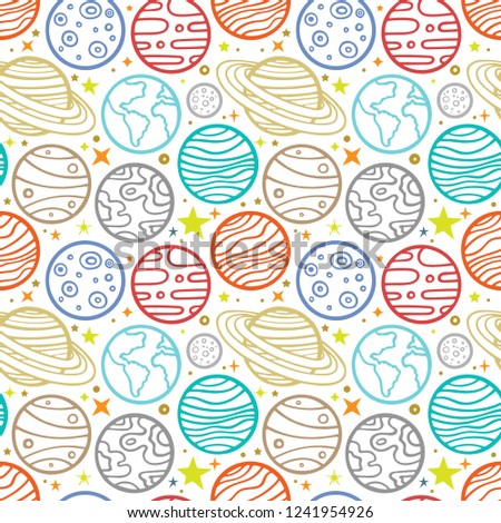 Planets. Hand drawn planets and stars seamless background.
Seamless color pattern with different planets and stars.