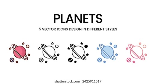 Planets Icon Design in Five Style mit Editable Stroke. Line, Solid, Flat Line, Duo Tone Color und Color Gradient Line. Geeignet für Web Page, Mobile App, UI, UX und GUI Design.