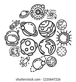 Planets icon set. Outline set of planets vector icons for web design isolated on white background