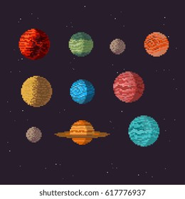 Planets Icon Set, Pixel Art Style Vector Illustration, Isolated On Black Background. Video Game Clipart
