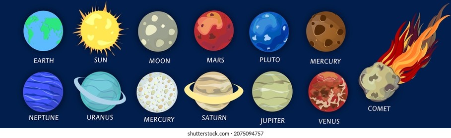 Planets icons set in space: Moon, sun, mars, venus, comet, jupiter. Cartoon style. Template for the design of children's illustrations with shadow. Universe, Galakatika. Vector image.
